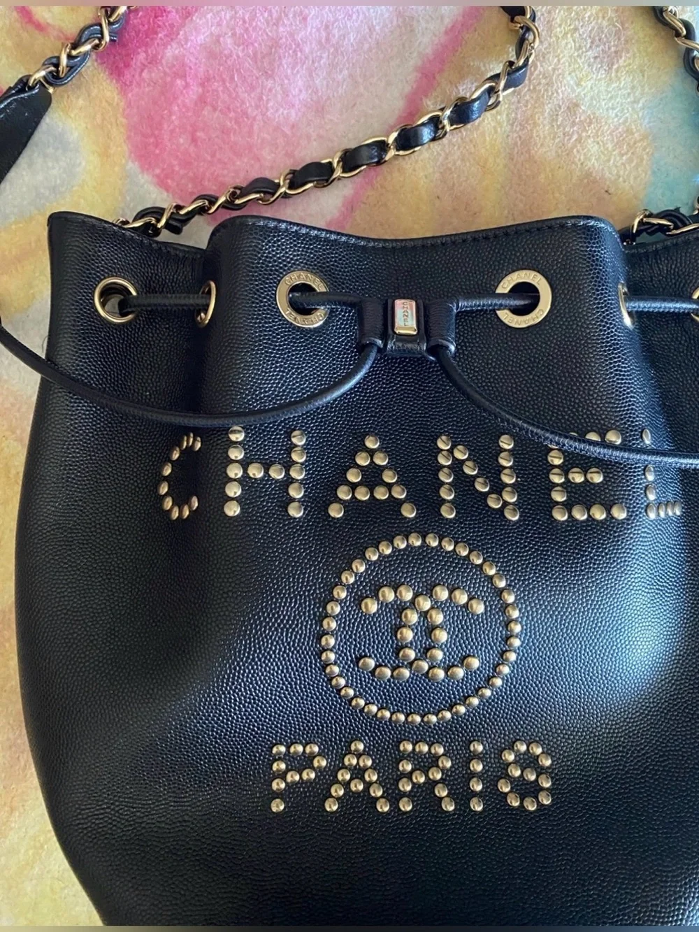 Chanel Bucket Black/gold Caviar Crossbody Studded small Mini CC Flap WOC Worn 1x